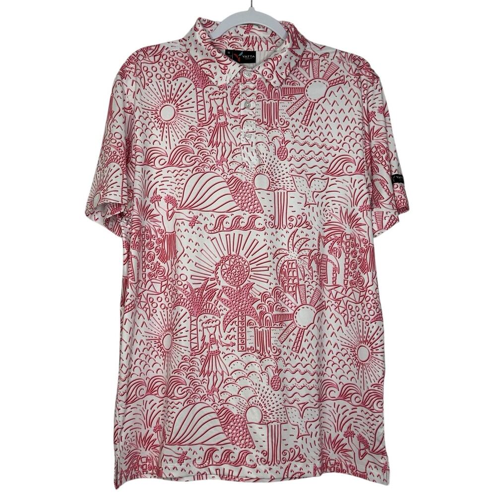 Yatta Golf Men's Polo Performance Hawaiian Shirt Pink White Medium